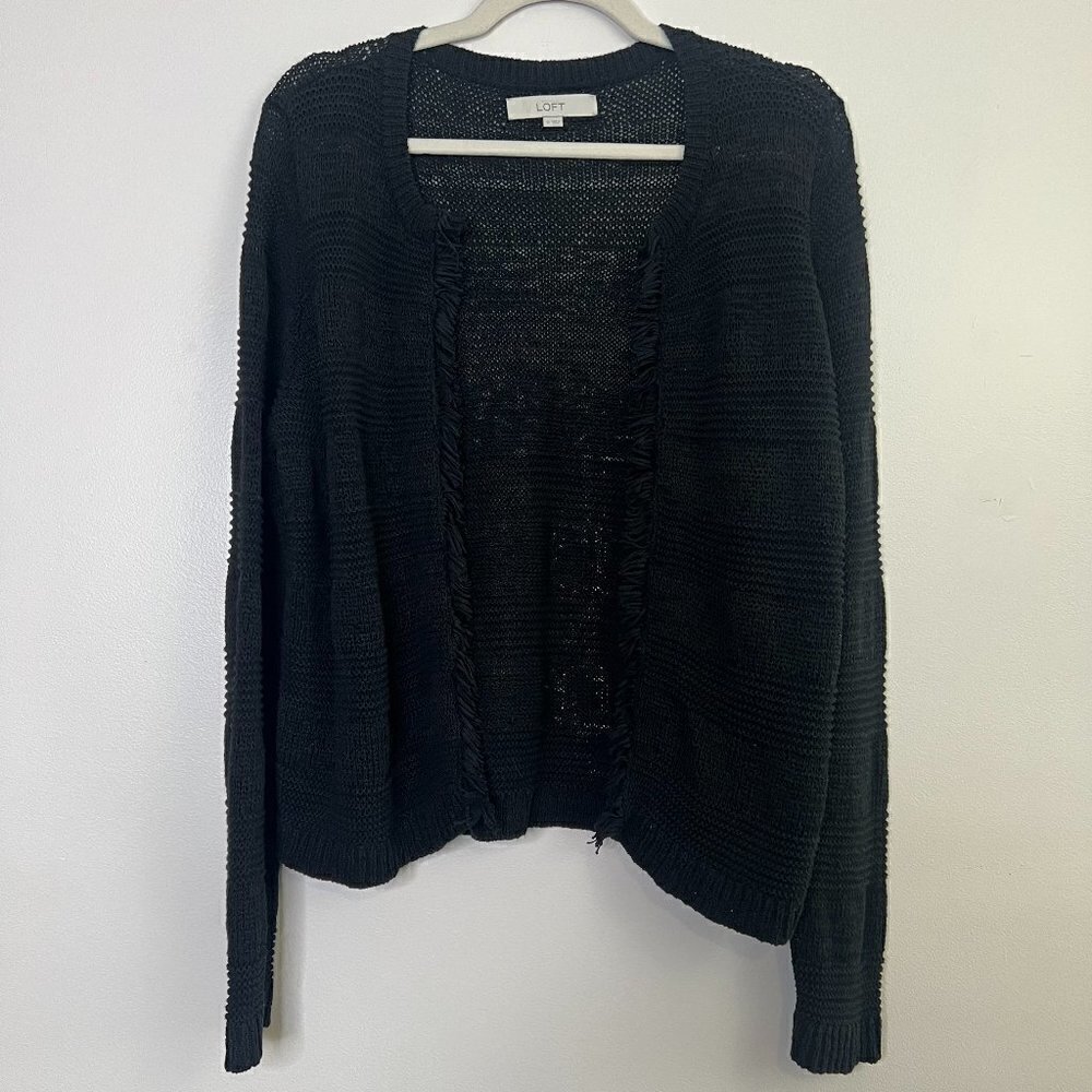 LOFT Loose Knit Fringe Trim‎ Lightweight Open Front Slightly Cropped Cardigan